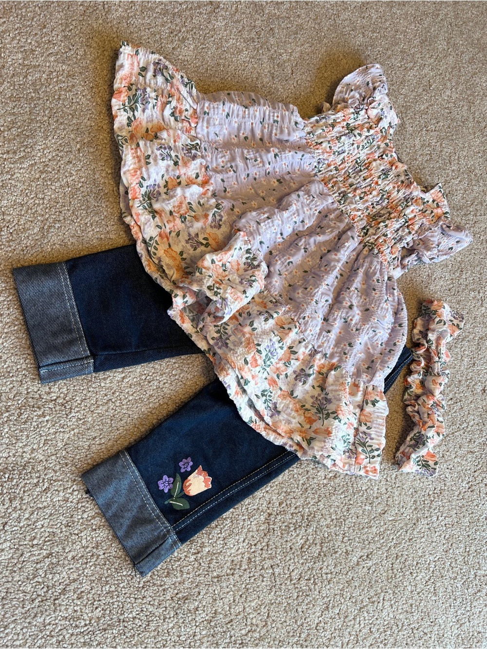 Girls Floral Smocked Peplum Top & Denim pants set - Size 4T